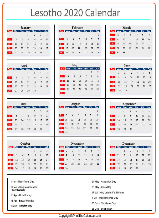 Lesotho Calendar 2020